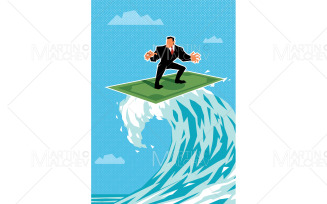 Businessman Surfing on Dollar Vector Illustration