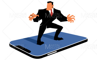 Businessman Surfing on Smartphone on White Vector Illustration
