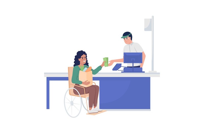 Disabled lady at supermarket semi flat color vector characters Illustration
