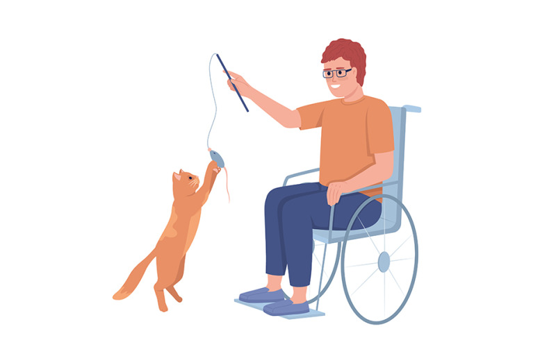 Disabled man playing with his cat semi flat color vector characters Illustration