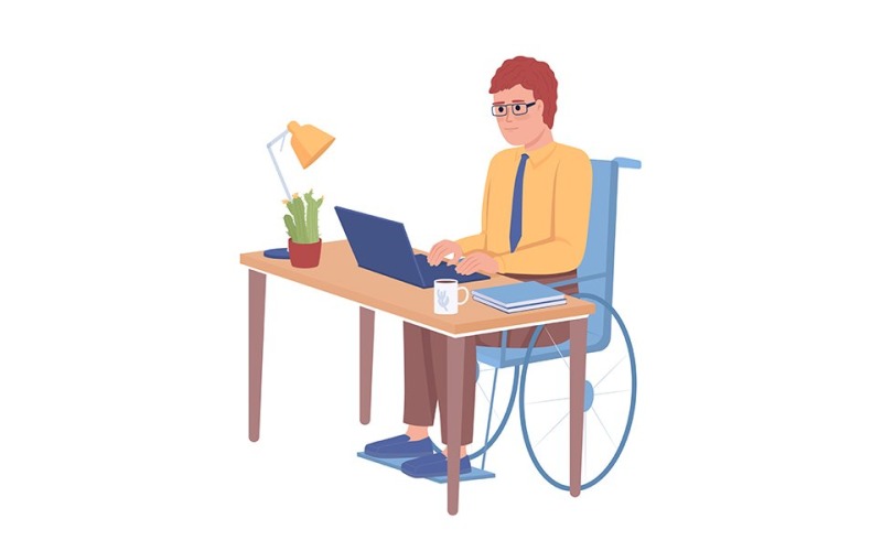 Disabled person at work semi flat color vector character Illustration