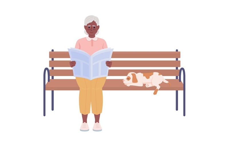 Lady and her dog sitting on bench semi flat color vector characters Illustration
