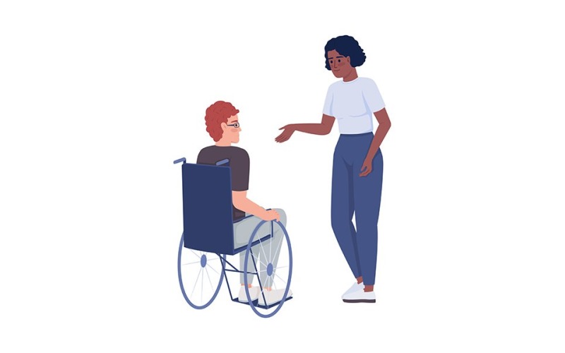 Lady offers help to disabled man semi flat color vector characters Illustration