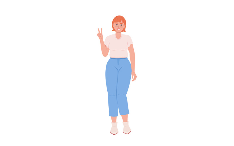 Lady showing peace gesture semi flat color vector character Illustration