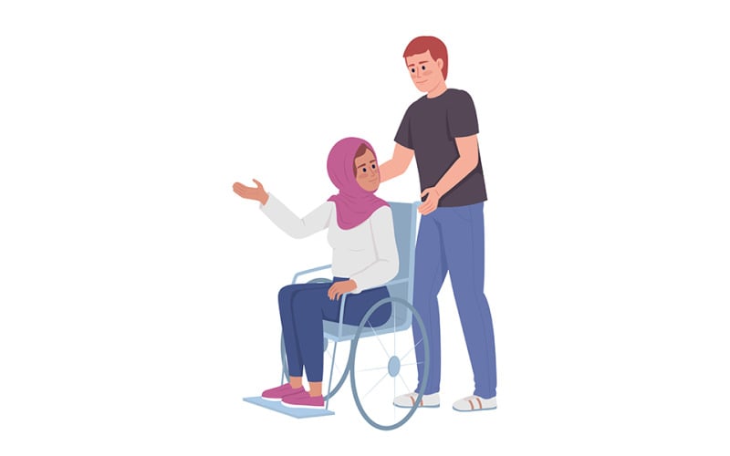 Man assists lady with disability semi flat color vector characters Illustration