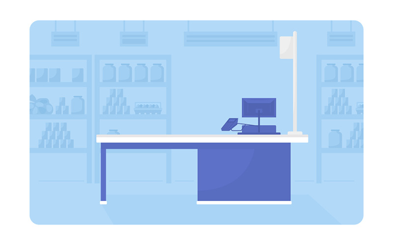 Pay desk at supermarket 2D vector isolated illustration Illustration