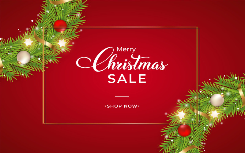 Christmas Sales Banner with Green leaves and red background Social Media