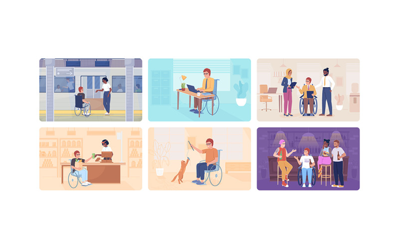 Disabled person lifestyle 2D vector isolated illustration set Illustration