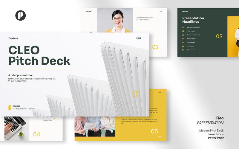 Cleo – yellow pine clean modern pitch deck presentation PowerPoint Template