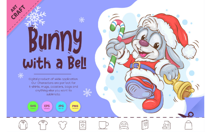 Christmas Bunny with a Bell. Clipart Vector Graphic