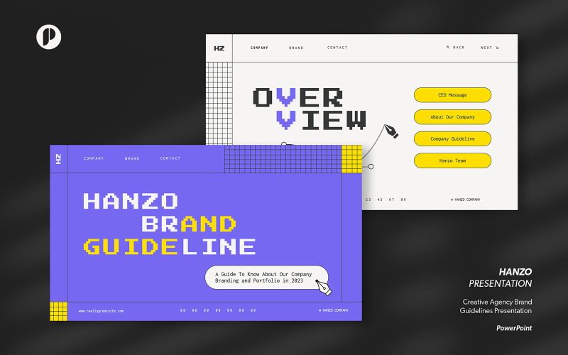 Hanzo – white violet creative agency brand guideline presentation PowerPoint Template