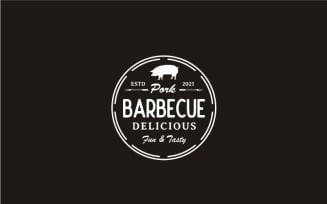 Vintage Retro Grill Barbecue With Pork Label Logo Design