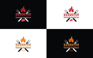 Crossed Fork With Fire And Meat For Vintage Grill Barbeque BBQ Logo Design