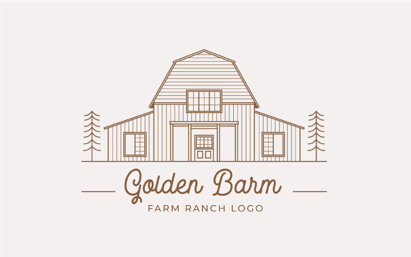 Retro Line Art Golden Wood Barn Farm Logo Design Logo Template