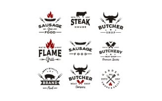 Vintage BBQ Grill, Steak House, Butcher Logo Design Vector Set