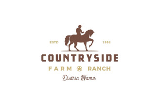 Vintage Retro Cowboy Riding Horse Silhouette Logo Design Vector