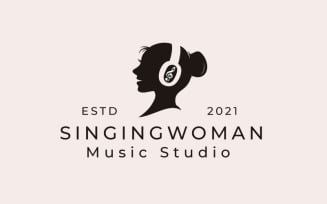Vintage Singer Woman with headset & Music Notes Logo Design