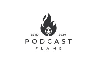 Fire Flame and Mic Podcast Logo Design Template