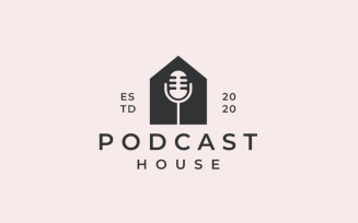Vintage Hipster Microphone Podcast House Logo Design