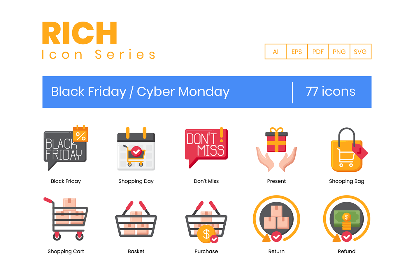 77 Black Friday and Cyber Monday Icon Set - Rich Series