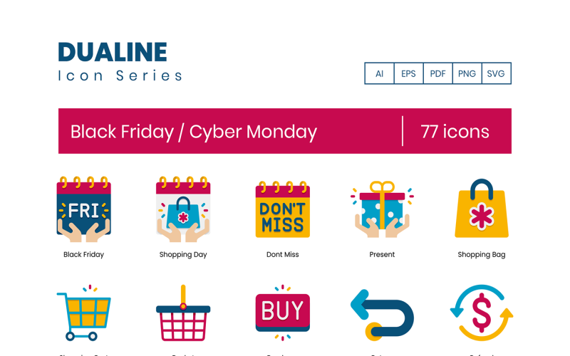 77 Black Friday and Cyber Monday Icon Set - Dualine Series