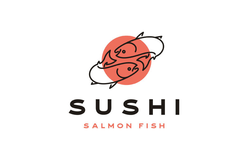 Line Art Salmon For Sushi, Poke Bar Logo Design Inspiration Vector Logo Template
