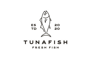 Retro Line Art Tuna Fish Logo Design Inspiration Vector