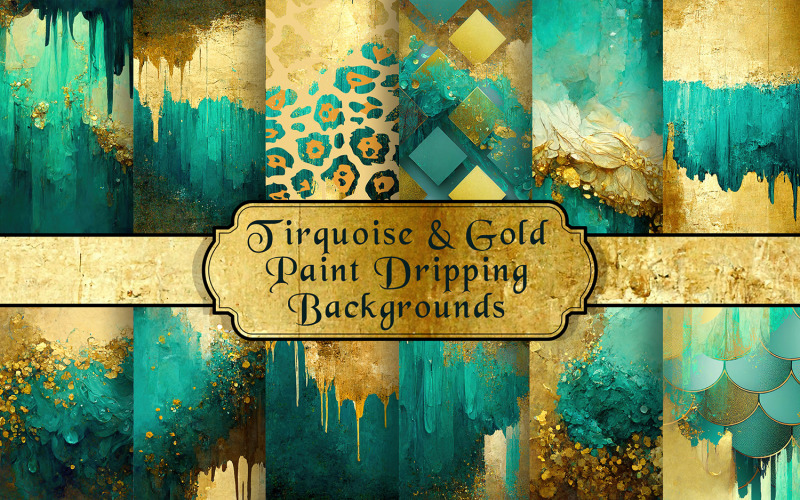 Turquoise and Gold Paint Dripping Backgrounds