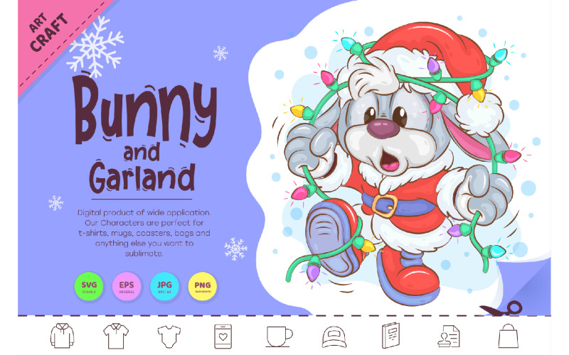 Christmas Bunny and Garland. Clipart Vector Graphic