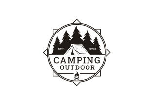 Forest Camping Emblem With Tent And Pine Trees Logo Design