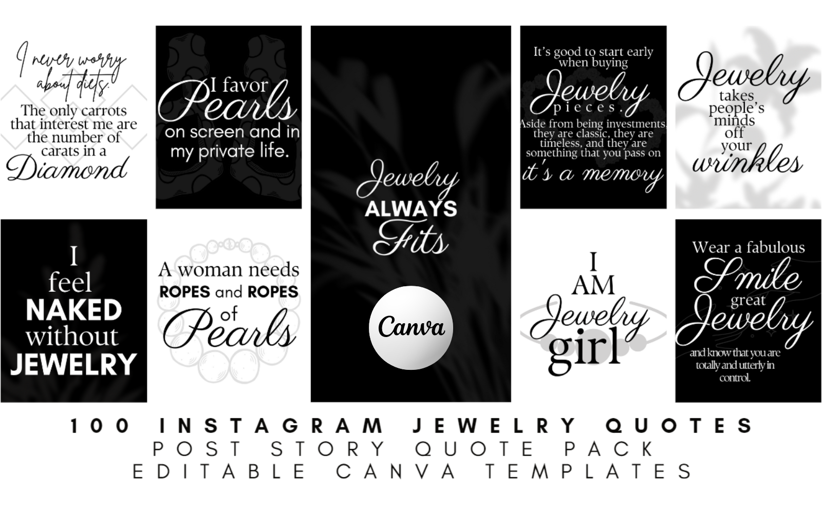100 Instagram Jewelry Quotes | 400 Canva Editable Templates | Post & Story Pack