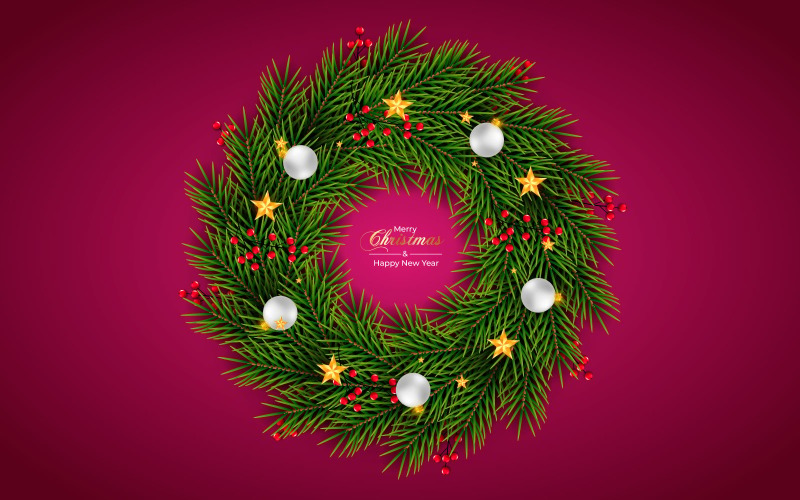 Christmas Wreath Decoration With Christmas Ball and Ribbon Illustration