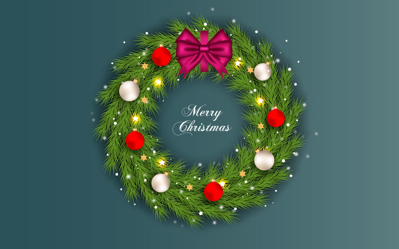 Christmas Wreath Decoration With Golden Ribbon. Luxurious Green Wreath Illustration