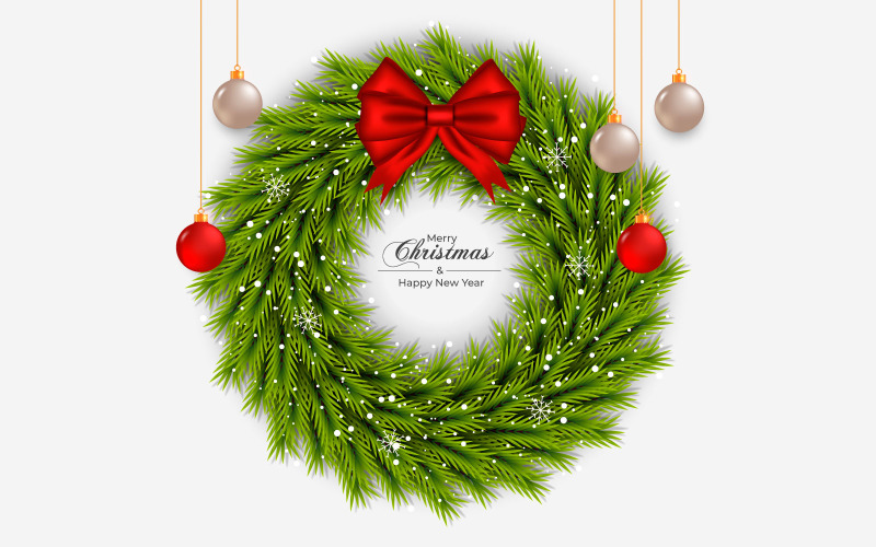 Christmas Wreath With Pine Branch White Christmas Ball Star And Red Barris Illustration