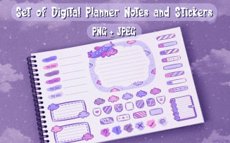Set of purple digital planner notes and stickers
