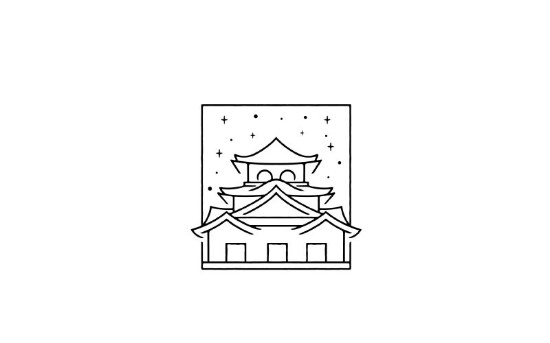 Vintage Hipster Line Art Japanese Castle Logo Illustration Logo Template
