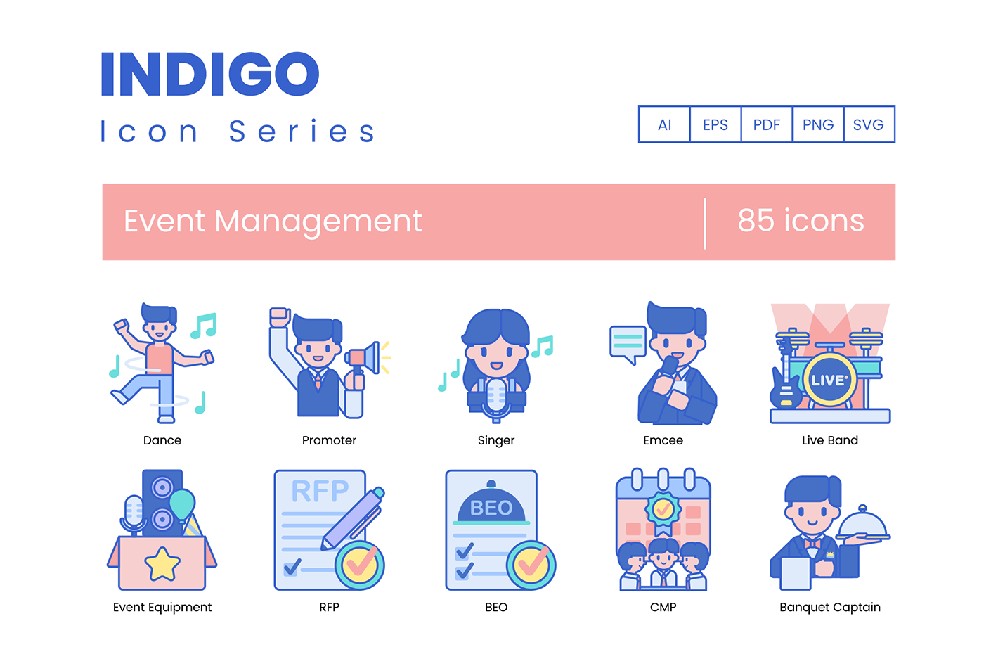 85 Event Management Icons - Indigo Series