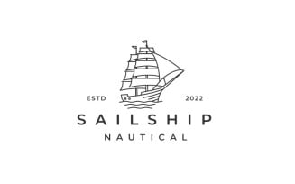 Retro Hipster Line Art Sailing Ship Logo Design
