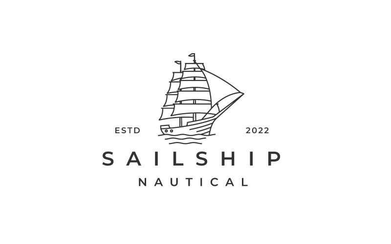 Retro Hipster Line Art Sailing Ship Logo Design Logo Template
