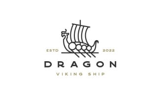 Retro Line Art Viking Ship Logo Design Vector Template