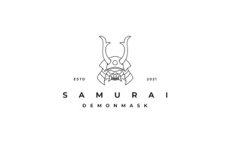 Line Art Japanese Samurai Demon Mask Logo Design