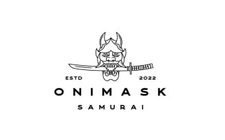 ﻿Line Art Oni Mask, Japanese Demon Samurai Mask With Katana Logo Design