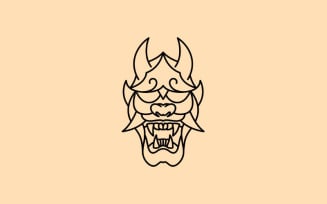 Retro Line Art Japanese Demon Oni Mask Logo Design