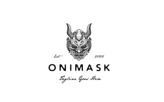 Vintage Hand Drawn Japanese Demon Oni Mask Logo Design Template