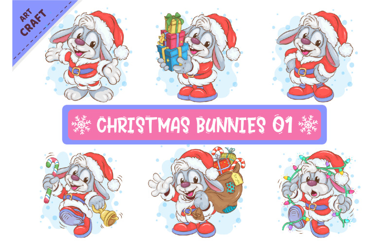 Set of Christmas Bunnies 01. Clipart. Vector Graphic