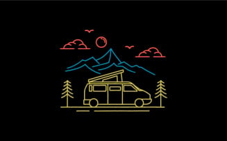 Vintage Line Art Camper Van, Camping Logo Design Vector