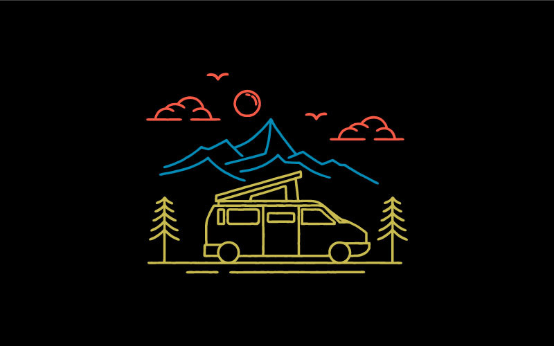 Vintage Line Art Camper Van, Camping Logo Design Vector Logo Template
