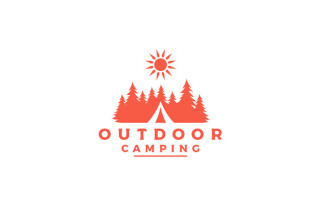 Forest Camping, Tent And Pine Trees Logo Design