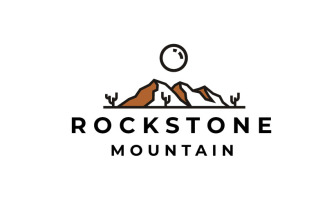 Line Art Desert Rock Mountain With Cactus Logo Design