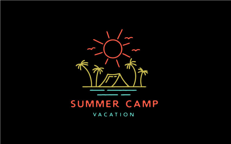 Vintage Hipster Line art summer Beach Camping Logo Design Logo Template